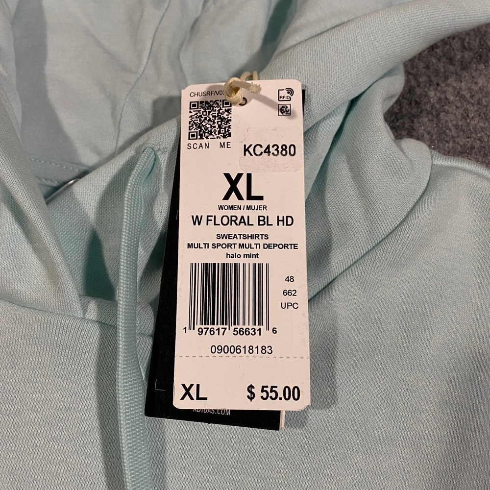 Adidas Trefoil Floral Logo Hoodie Womens XL Halo Mint Blue Flowers Pullover - Picture 8 of 16